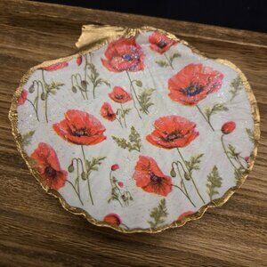 Large Scallop Shell Trinket Dish, Floral Jewelry Holder, Custom Shell Decoupage